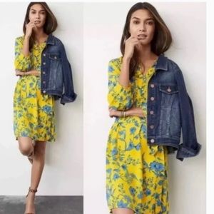 Cabi Women Lemon Drop with belt A-Line Dress XL Yellow Blue Floral Sheer 5794